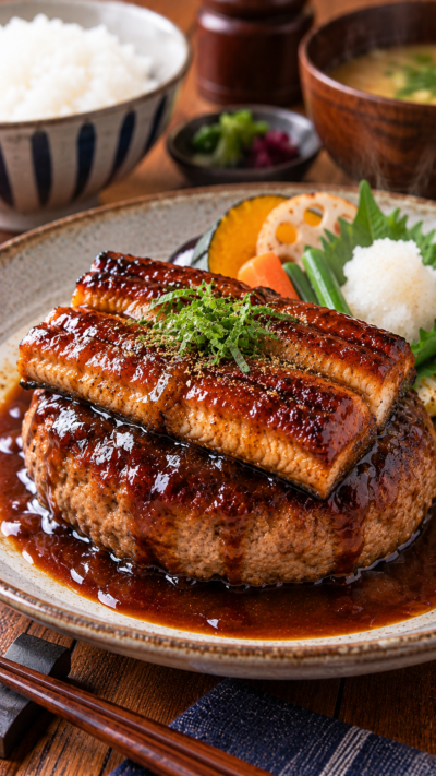 ジューシーなハンバーグに香ばしいうなぎを組み合わせた食欲をそそるうなぎハンバーグ