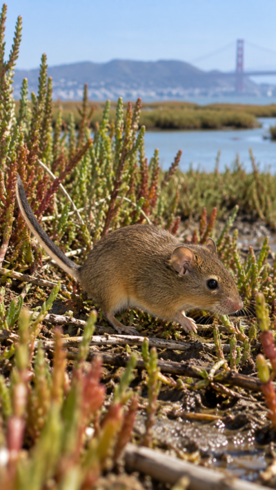 カリフォルニア州サンフランシスコ湾周辺の塩性湿地でサワカヤマウスが植物の間を歩き、暗褐色の背中、シナモン色の腹側、小さな体と二色の尾を見せる野生動物の風景