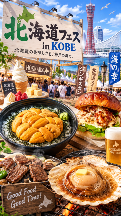 神戸・メリケンパークで北海道の海鮮やジンギスカン、スイーツなどを楽しむ北海道フェス in KOBEの会場風景