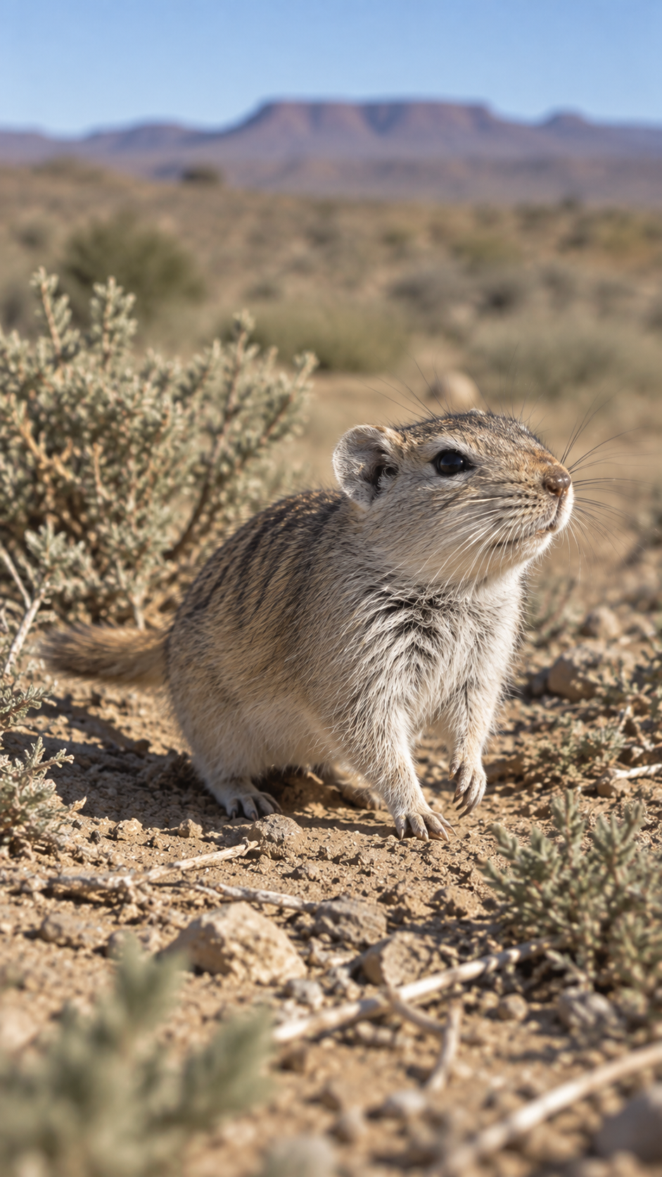 南アフリカの乾燥したカルーの低木地でカローネズミが地面を歩き、灰色がかった頭部、赤褐色の吻、黄褐色と黒褐色の背中、淡い腹側、毛のある尾を見せる野生動物の風景