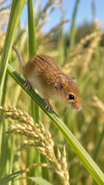日本の草原でカヤネズミが草の茎を移動し、黄褐色の小さな体、白っぽい腹側、小さな耳、細いひげ、長い尾を見せる野生動物の風景