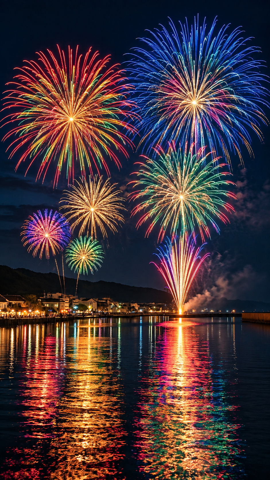 湯浅広港の夜空に大輪の花火が打ち上がる湯浅まつり花火大会の会場風景
