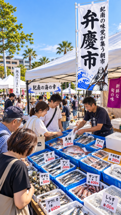 扇ヶ浜公園カッパークに紀南の海の幸や山の幸、特産品などの店が並ぶ弁慶市の朝市風景