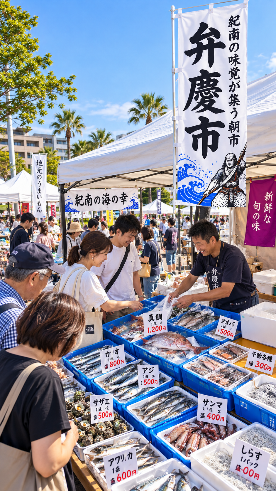 扇ヶ浜公園カッパークに紀南の海の幸や山の幸、特産品などの店が並ぶ弁慶市の朝市風景
