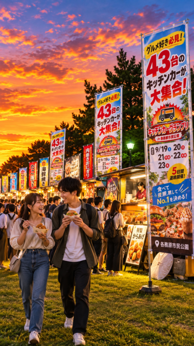 各務原市民公園に43台のキッチンカーが並び多くの来場者が多彩なグルメを楽しむキッチンカーグランプリの会場風景