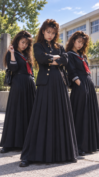 長い制服スカートと学生服を独特に着こなした昭和のスケバン風ファッションの女子学生