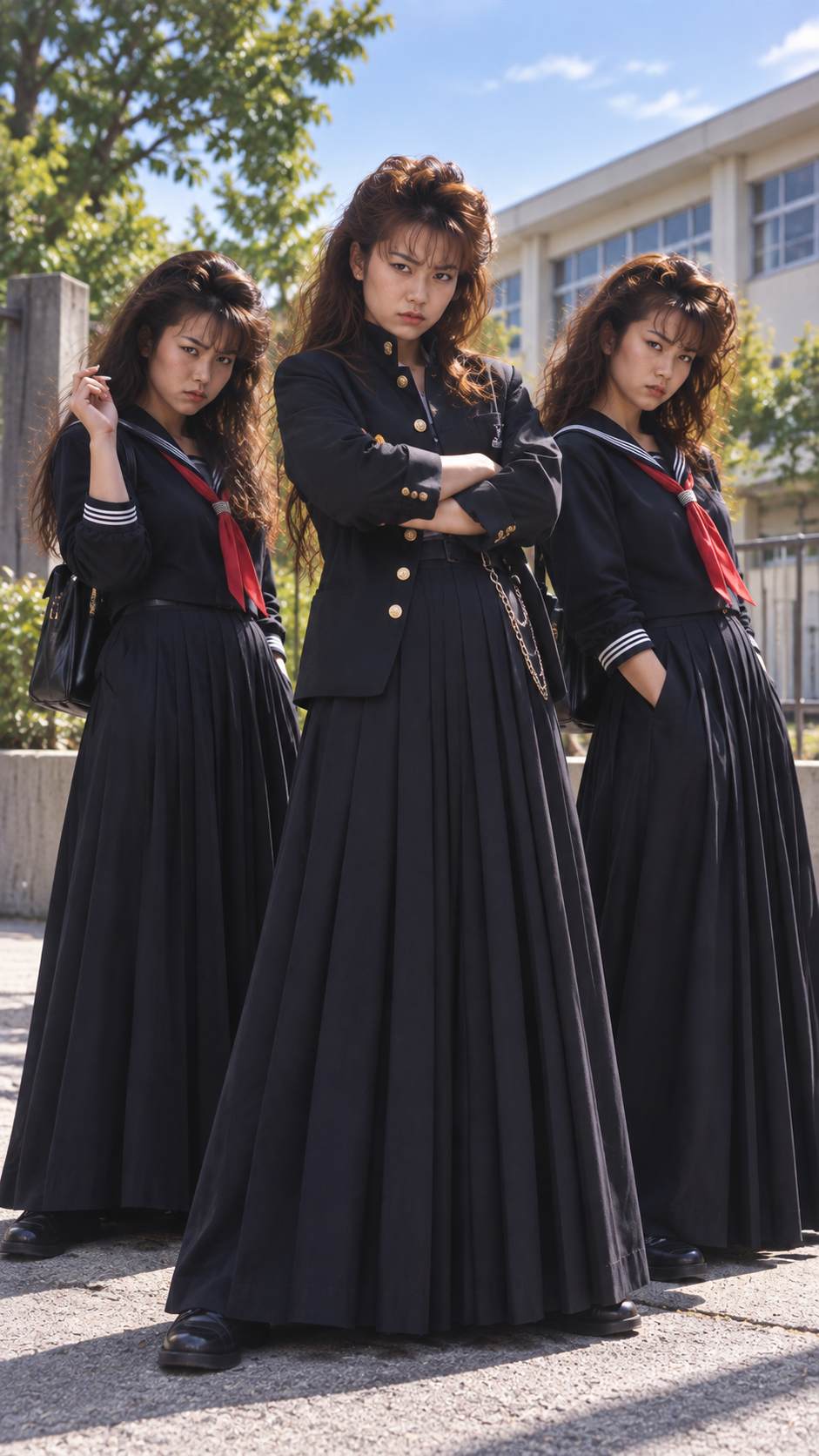 長い制服スカートと学生服を独特に着こなした昭和のスケバン風ファッションの女子学生