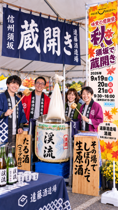 遠藤酒造場の酒蔵に屋台やイベントブースが並び、日本酒の試飲や地元グルメを楽しむ来場者で賑わう味覚の感謝祭 秋も須坂で蔵開き