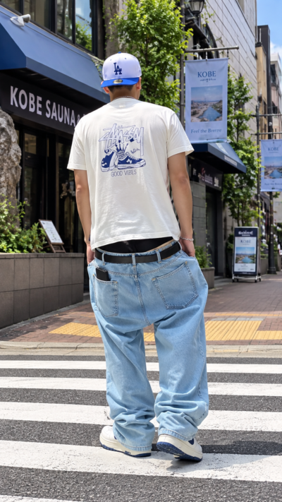 パンツを腰位置まで下げ、ワイドなシルエットで着こなした平成ストリートファッションの男性