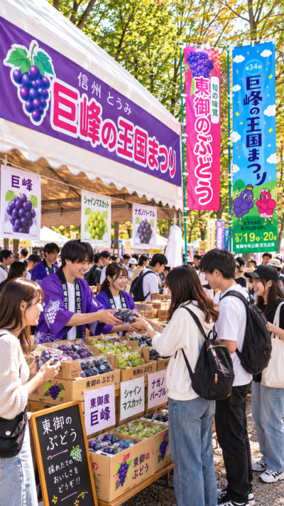東御中央公園芝生広場に巨峰やシャインマスカットなどのぶどうや農産物の販売ブース、キッチンカーが並び多くの来場者で賑わう巨峰の王国まつり