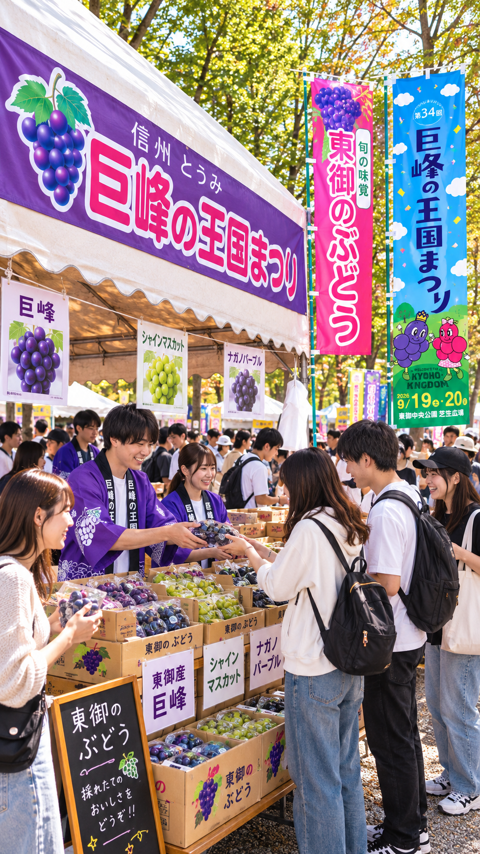 東御中央公園芝生広場に巨峰やシャインマスカットなどのぶどうや農産物の販売ブース、キッチンカーが並び多くの来場者で賑わう巨峰の王国まつり