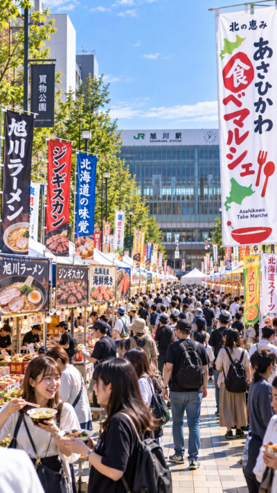 北海道旭川市の旭川駅前広場と平和通買物公園で北の恵み あさひかわ食べマルシェが開催され、多数のグルメブースが並び、北海道各地の料理を楽しむ多くの来場者で賑わう食のイベントの風景
