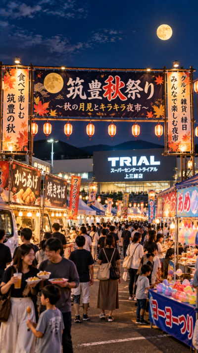 福岡県飯塚市のスーパーセンタートライアル上三緒店で筑豊秋祭りが開催され、提灯が灯る会場にキッチンカーやグルメブース、雑貨店、縁日が並び、多くの来場者で賑わう秋の夜市の風景