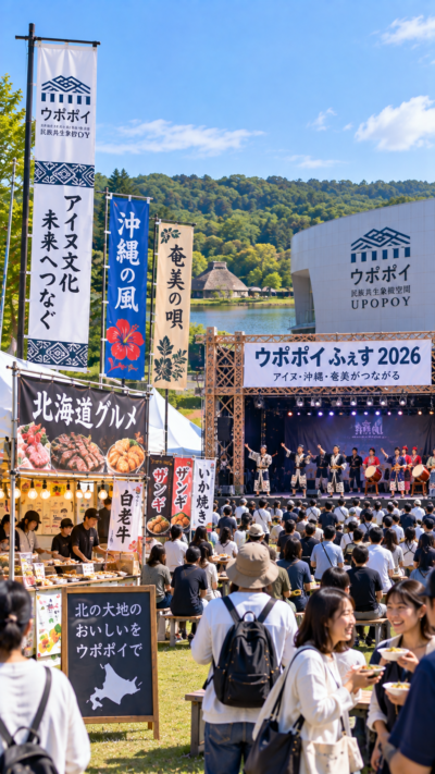 北海道白老町のウポポイでウポポイ ふぇす2026が開催され、アイヌ古式舞踊や沖縄・奄美の伝統芸能、音楽ステージ、グルメブースなどを楽しむ多くの来場者で賑わう文化イベントの風景