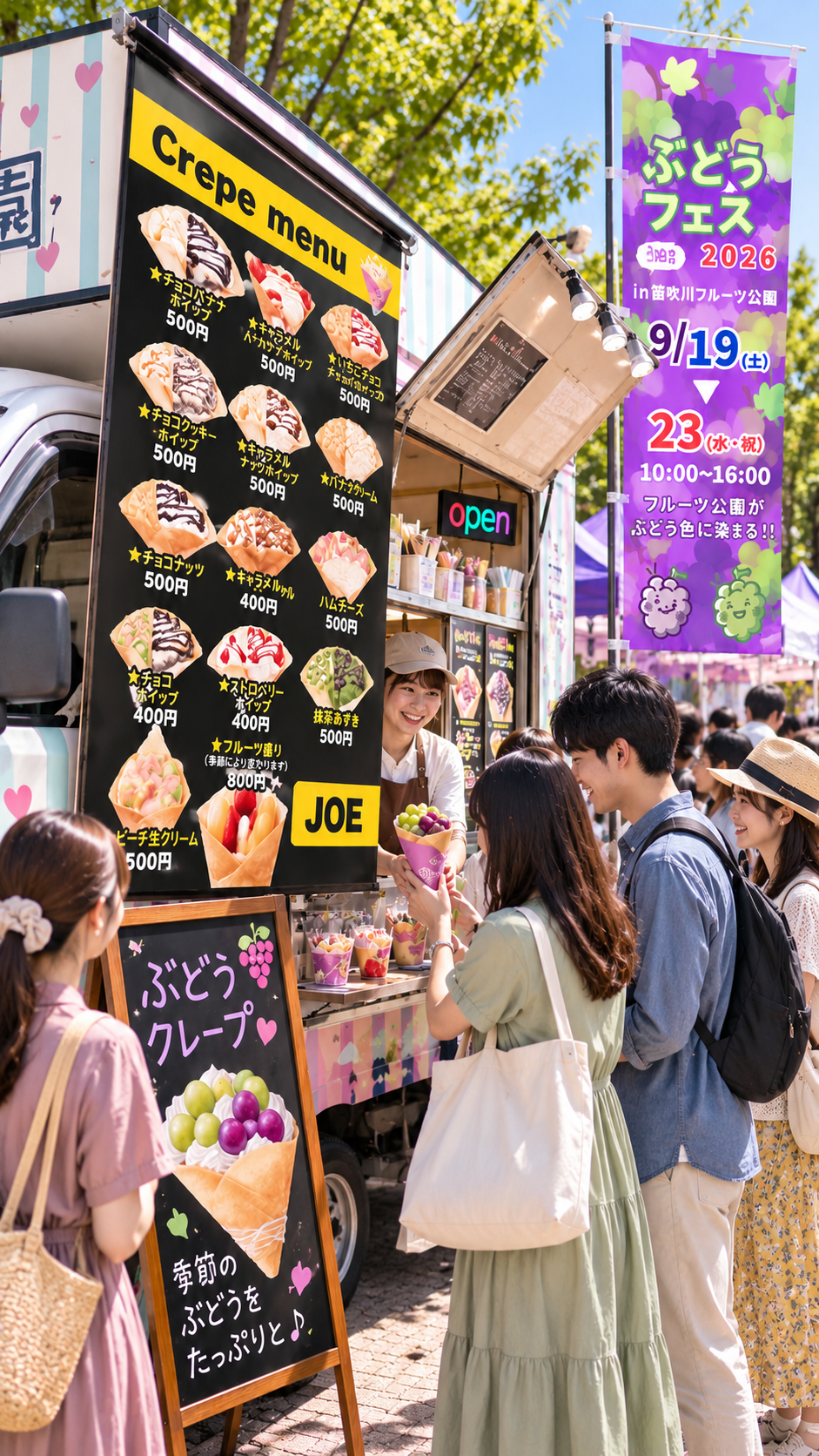 笛吹川フルーツ公園に旬のぶどう販売やグルメ、体験ブースが並び多くの来場者で賑わうぶどうフェスの会場風景