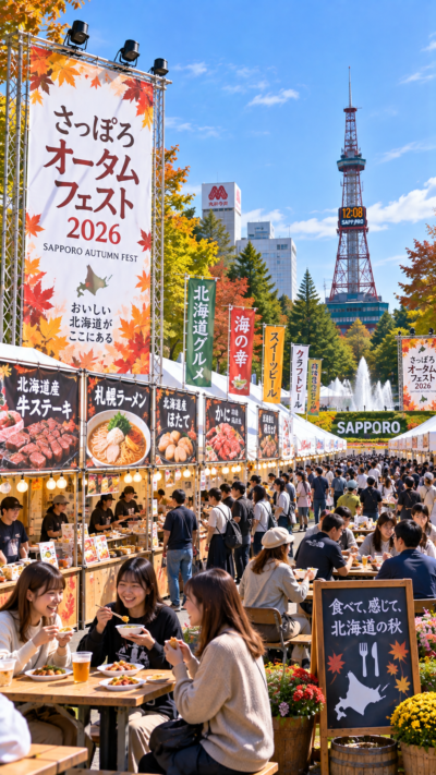 北海道札幌市の大通公園でさっぽろオータムフェスト2026が開催され、北海道各地のグルメブースや飲食テントが並び、ラーメンや肉料理、海鮮、スイーツなどを楽しむ多くの来場者で賑わう秋の食イベントの風景