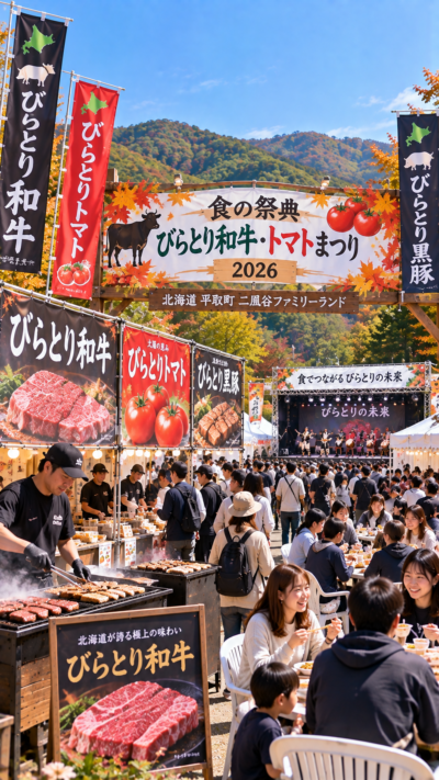 北海道沙流郡平取町の二風谷ファミリーランドで食の祭典びらとり和牛・トマトまつりが開催され、びらとり和牛や黒豚、トマトを使ったグルメの屋台やBBQコーナーが並び、多くの来場者で賑わう秋の食イベントの風景