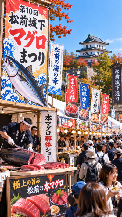 北海道松前郡松前町の松前城下通りで第10回松前城下マグロまつりが開催され、本マグロの解体ショーや海鮮グルメの販売ブースが並び、多くの来場者で賑わう秋の食イベントの風景