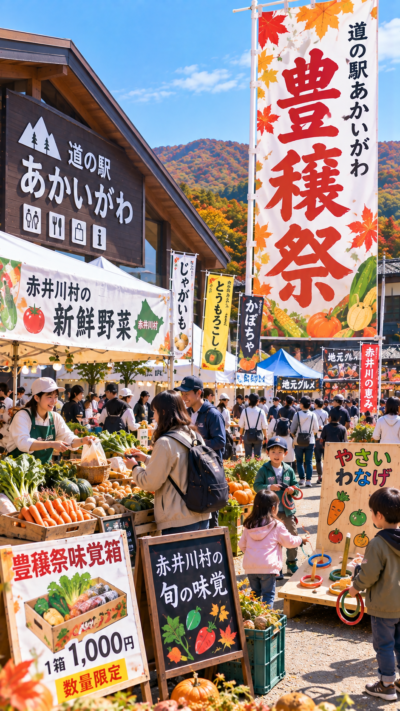 北海道余市郡赤井川村の道の駅あかいがわで豊穣祭が開催され、新鮮な野菜や秋の味覚を販売するブースが並び、豊穣祭味覚箱や家族向けゲームを楽しむ来場者で賑わう秋のイベントの風景