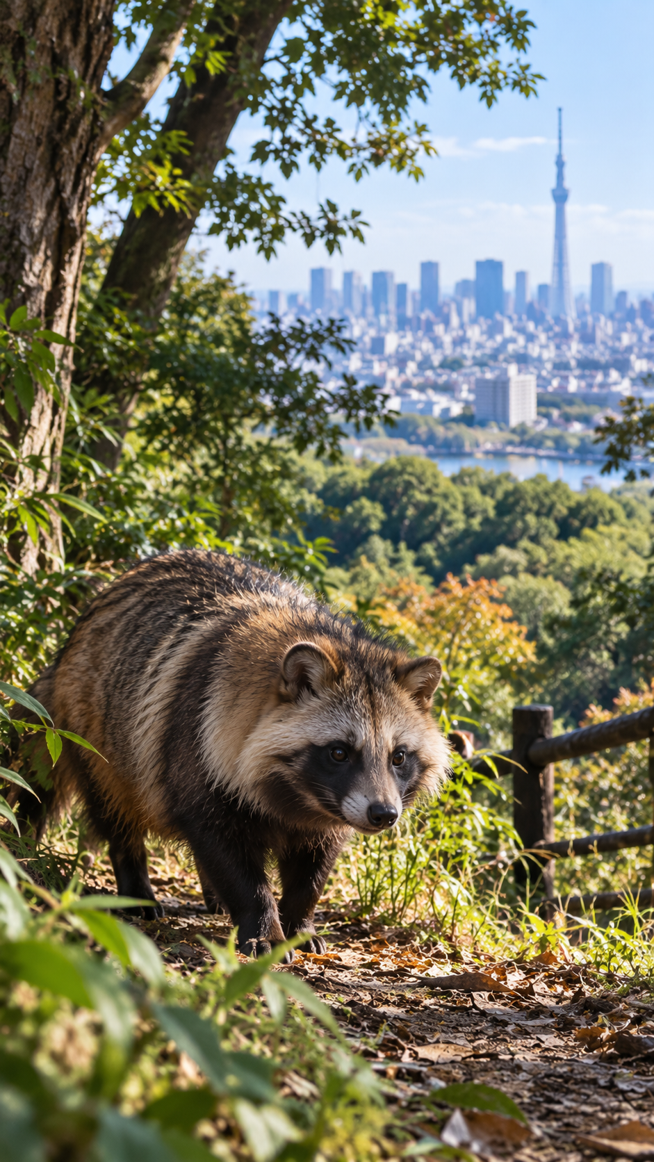 東京の緑地を歩くホンドタヌキの野生動物風景