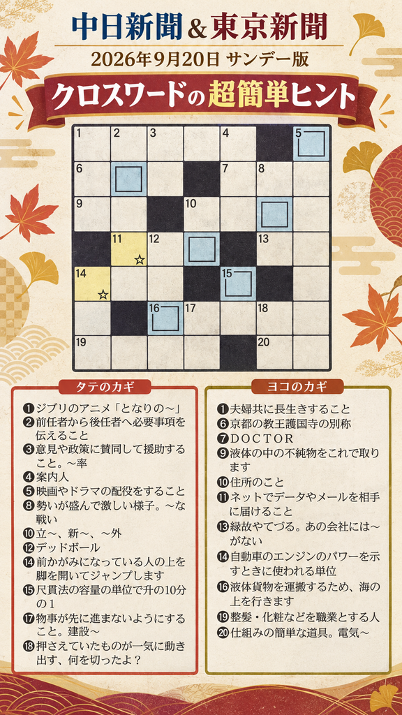 中日新聞＆東京新聞｜2026年9月20日サンデー版｜クロスワードの超簡単ヒント