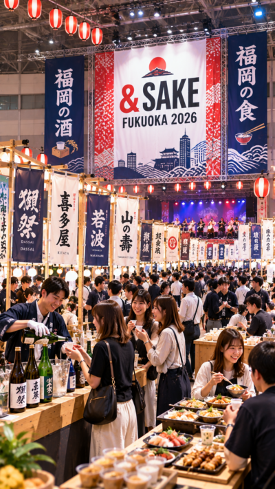 福岡県福岡市の福岡国際センターで&SAKE FUKUOKA 2026が開催され、福岡県内の酒蔵や人気飲食店のブースが並び、日本酒や料理を楽しむ多くの来場者で賑わう酒と食のイベントの風景