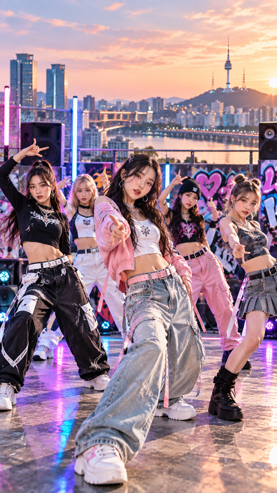 韓国ファッションに身を包んだ若者たちがK-POPの音楽に合わせて踊る韓国ポップカルチャーのイメージ
