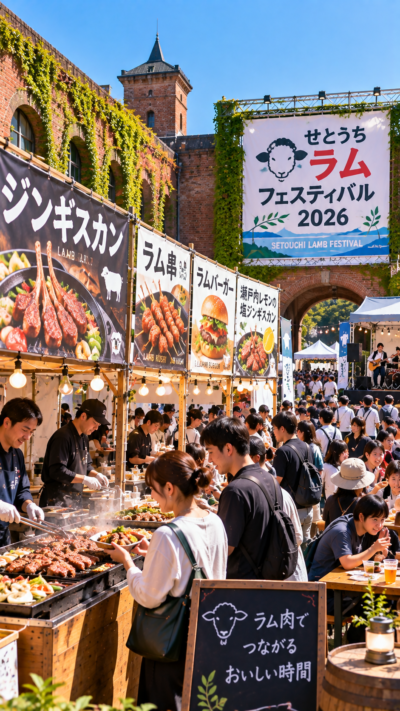 岡山県倉敷市の倉敷アイビースクエアでせとうちラムフェスティバル2026が開催され、ラム肉料理のブースが並び、ジンギスカンやラム串などを楽しむ多くの来場者で賑わう羊肉のグルメイベントの風景