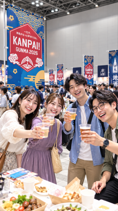 Gメッセ群馬に群馬の日本酒やクラフトビール、グルメのブースが並び多くの来場者で賑わうKANPAI！GUNMA 2026の会場風景