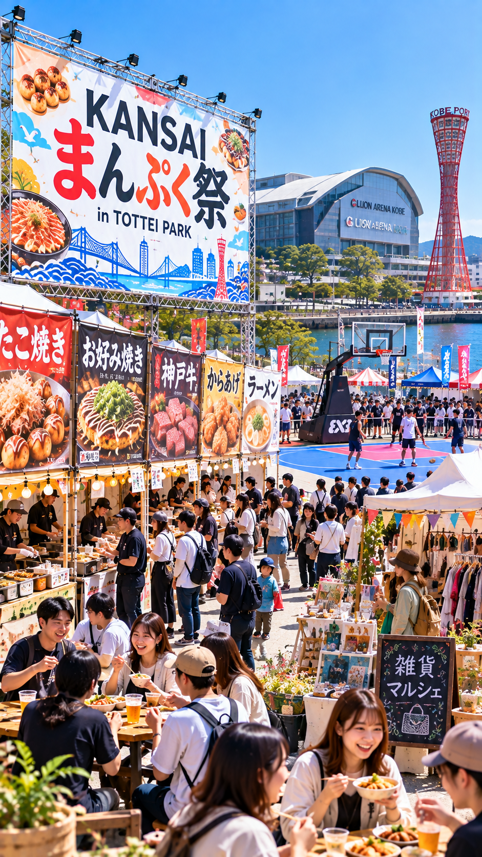 兵庫県神戸市のTOTTEI PARKでKANSAIまんぷく祭が開催され、関西のグルメブースや雑貨店が並び、多くの来場者が料理や買い物、スポーツ体験を楽しむフードフェスの風景