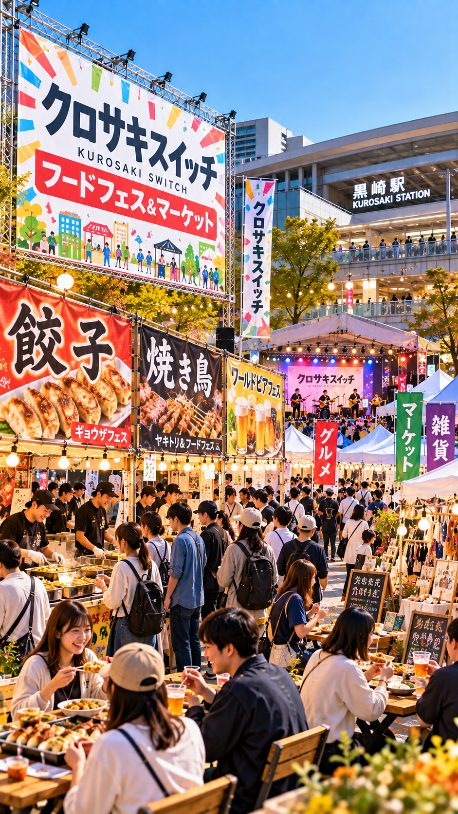 福岡県北九州市八幡西区の黒崎駅周辺でクロサキスイッチ フードフェス&マーケットが開催され、餃子や焼き鳥などのグルメブースやマーケットが並び、多くの来場者で賑わう秋のイベントの風景