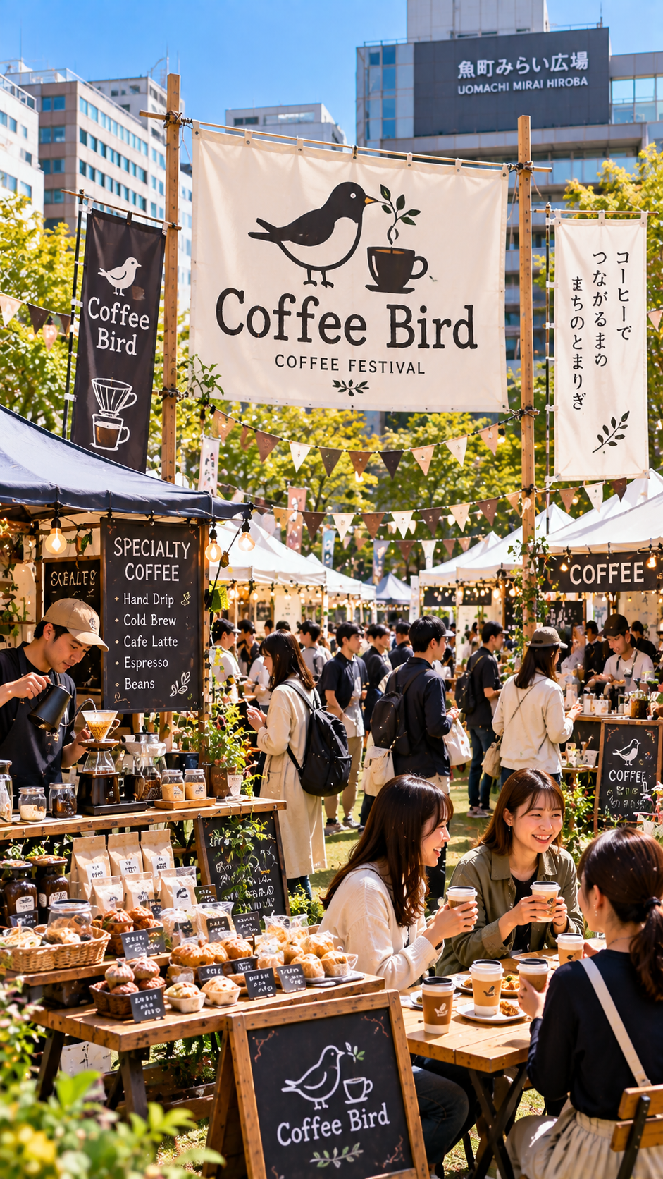 福岡県北九州市小倉北区の魚町みらい広場でCoffee Birdが開催され、コーヒーショップやロースターのブースが並び、コーヒーや焼き菓子を楽しむ多くの来場者で賑わうイベントの風景