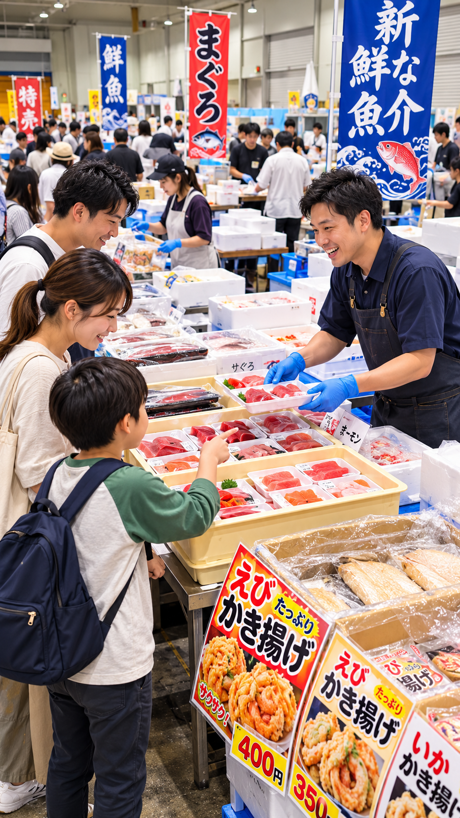 成田市公設地方卸売市場に新鮮な魚介や野菜、果物などの販売ブースが並び多くの来場者で賑わう成田楽市の会場風景