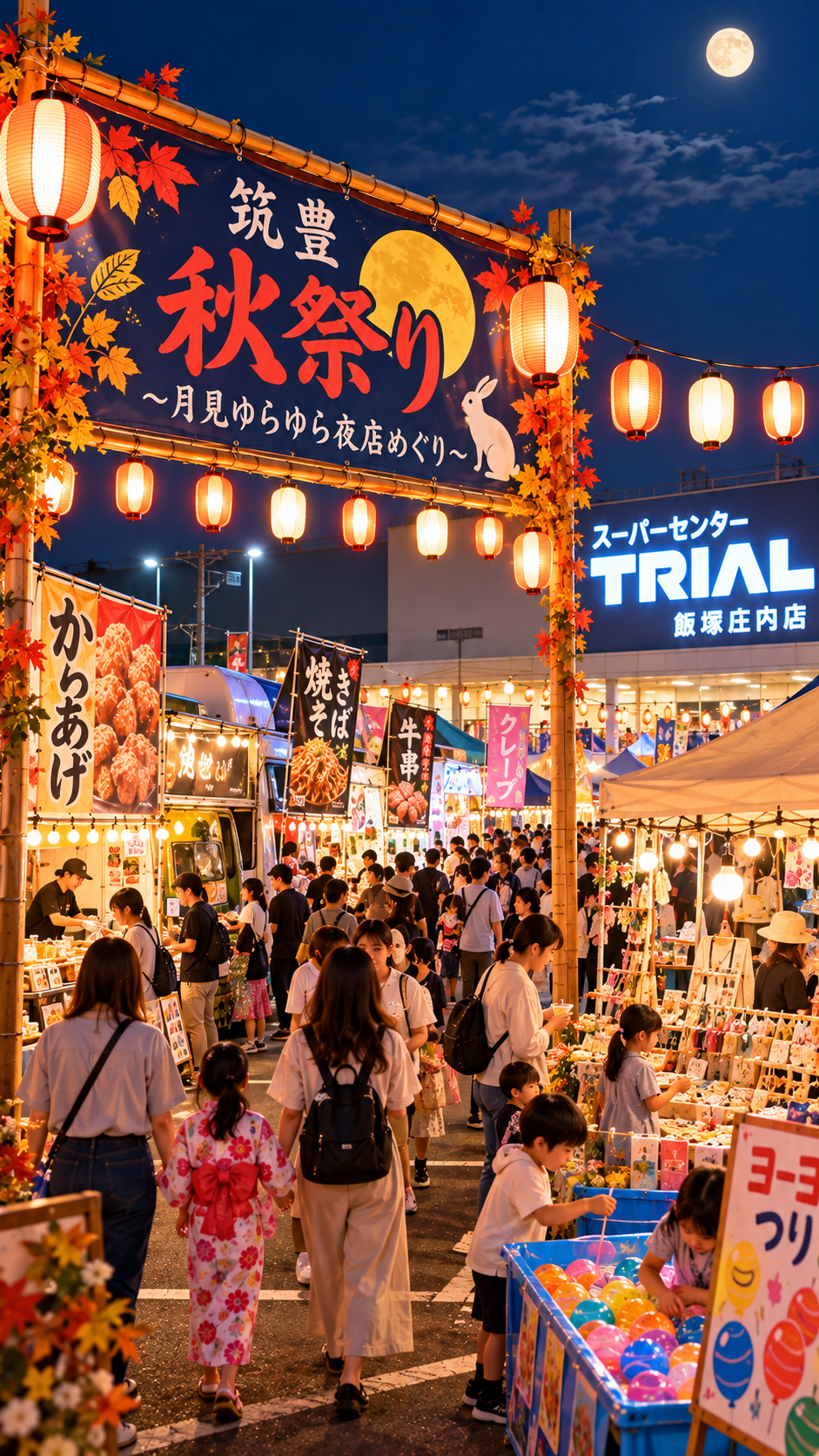 福岡県飯塚市のスーパーセンタートライアル飯塚庄内店で筑豊秋祭り～月見ゆらゆら夜店めぐり～が開催され、提灯が灯る会場にキッチンカーやグルメブース、雑貨店、縁日などが並び、多くの来場者で賑わう秋の夜市の風景