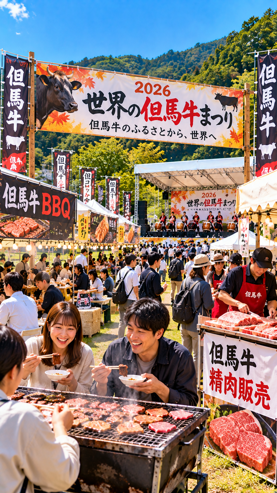 兵庫県美方郡新温泉町の県立但馬牧場公園で2026世界の但馬牛まつりが開催され、但馬牛のBBQや精肉販売、飲食ブースが並び、多くの来場者が但馬牛料理を楽しむ秋のイベントの風景