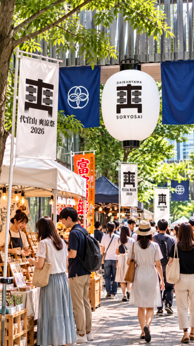 代官山T-SITEに縁日やマルシェのブースが並び多くの来場者で賑わう代官山 爽涼祭 2026の会場風景