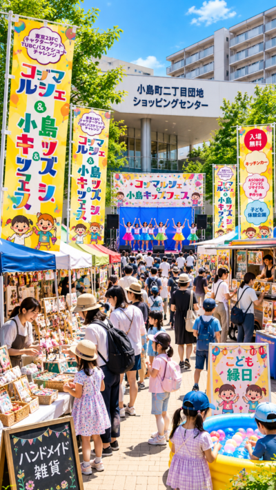 西葛西の小島町二丁目団地ショッピングセンター前広場にフリマやキッチンカー、子ども向け企画などのブースが並び多くの来場者で賑わうコジマルシェ＆小島キッズフェスの会場風景