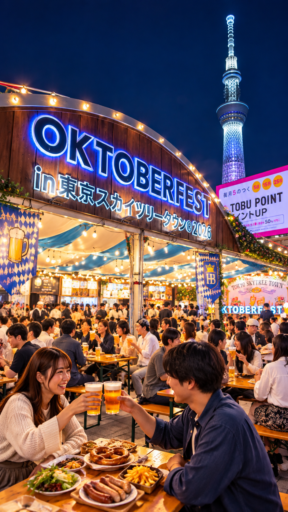 東京スカイツリータウン4階スカイアリーナにドイツビールやソーセージ、プレッツェルなどの屋台が並び多くの来場者で賑わうオクトーバーフェスト in 東京スカイツリータウン2026の会場風景