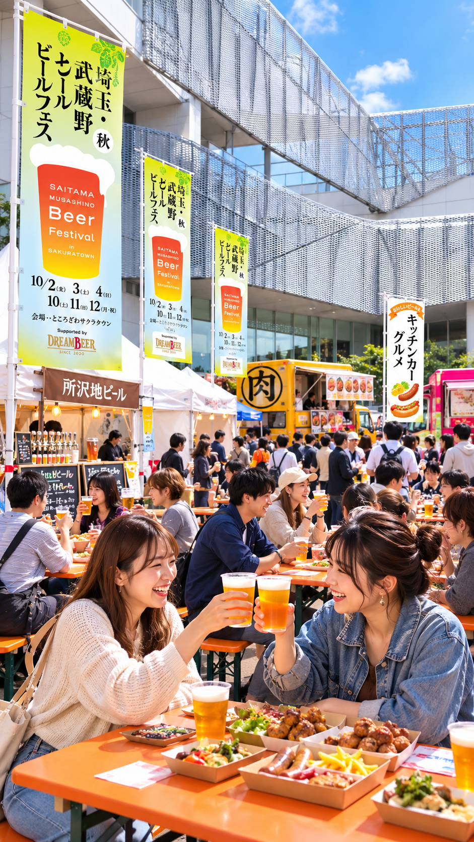 ところざわサクラタウン中央広場に埼玉県内のブルワリーやキッチンカーが並び、多くの来場者がクラフトビールとグルメを楽しむ埼玉・武蔵野ビールフェスの会場風景