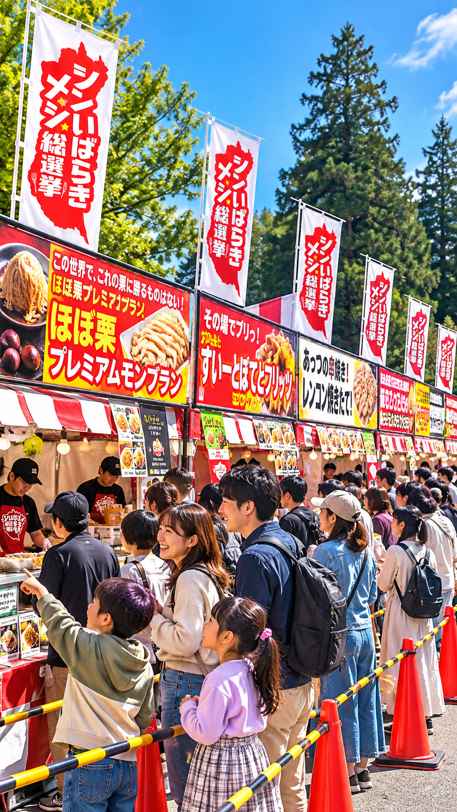 茨城県三の丸庁舎に県内44市町村のご当地料理やスイーツのブースが並び、多くの来場者が茨城グルメを食べ比べるシン・いばらきメシ総選挙2026の会場風景