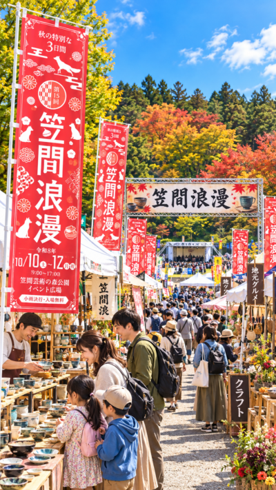 笠間芸術の森公園イベント広場に笠間焼やクラフト、地元グルメなどのブースが並び、多くの来場者で賑わう笠間浪漫2026の会場風景