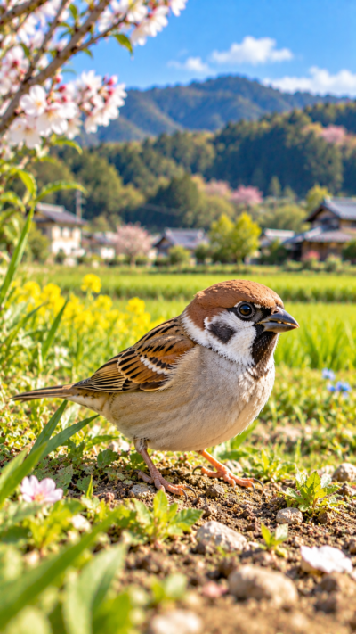 日本の住宅地や農地でスズメが地面を歩き、茶褐色の体、白っぽい頬、黒い喉、小さなくちばしを見せる野鳥の風景