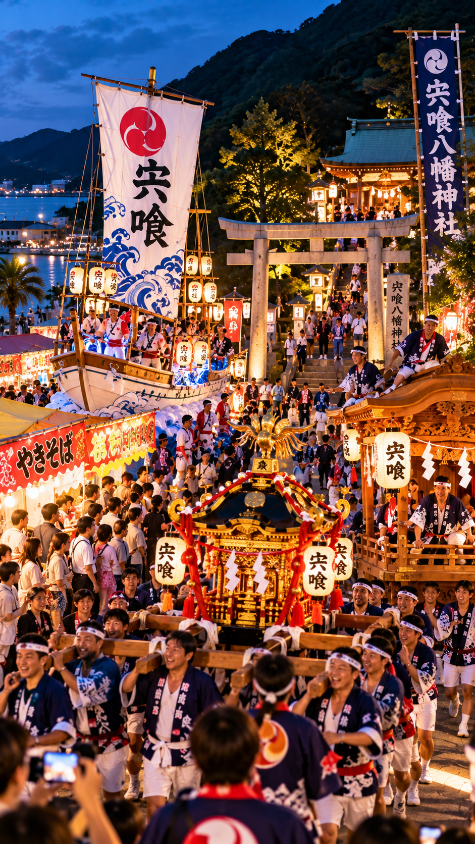 徳島県海部郡海陽町の宍喰八幡神社周辺で宍喰八幡神社祭りが開催され、御神輿やだんじり、関船が町を巡行し、竹灯りや夜店で賑わう秋祭りの風景