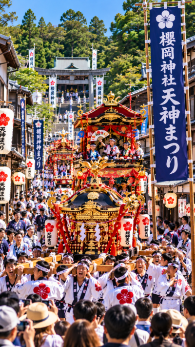 大分県宇佐市四日市の櫻岡神社で天神まつりが開催され、神輿や山車が歴史ある町を巡行し、多くの人々が見守る秋季大祭の風景