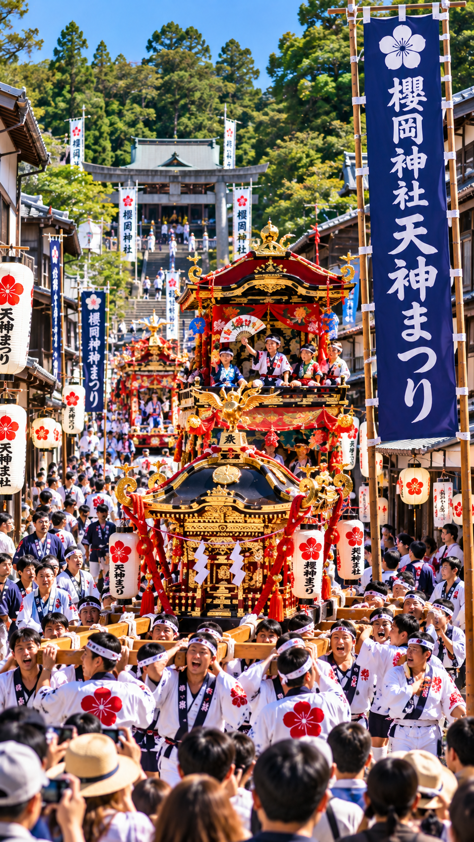 大分県宇佐市四日市の櫻岡神社で天神まつりが開催され、神輿や山車が歴史ある町を巡行し、多くの人々が見守る秋季大祭の風景