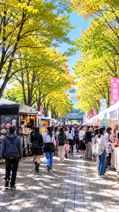 大妻女子大学の学園祭で学生たちがステージパフォーマンスを披露するキャンパスイベントの風景