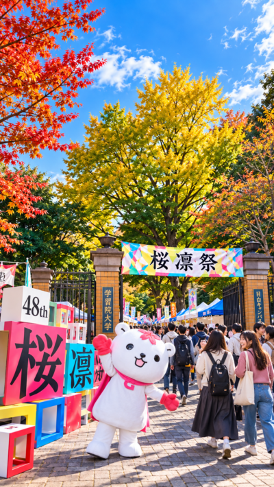 学習院大学目白キャンパスの桜凛祭でステージや模擬店、学生企画を楽しむ多くの来場者で賑わう大学祭の会場風景