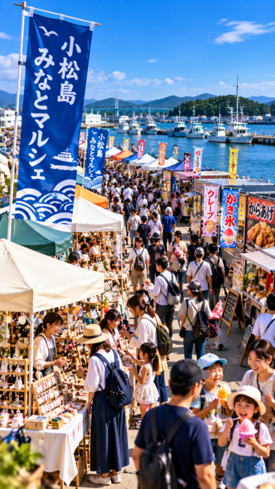 徳島県小松島市の小松島港周辺で小松島みなとマルシェが開催され、ハンドメイド雑貨やキッチンカー、グルメ、スイーツなどのブースが並び、多くの来場者で賑わう秋のマルシェの風景