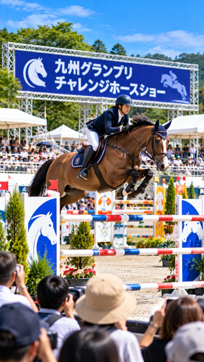 福岡県古賀市の福岡県馬術競技場で九州グランプリチャレンジホースショーが開催され、騎手が馬に乗って障害を飛越する馬術競技を多くの観客が見守るスポーツイベントの風景