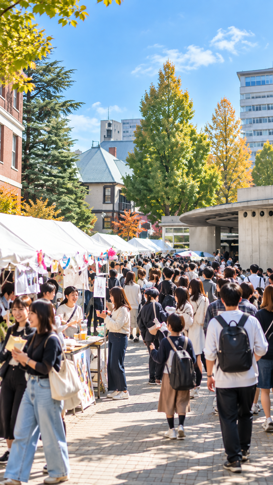 明治学院大学白金キャンパスで学生たちがステージや模擬店などを楽しむ白金祭の学園祭風景